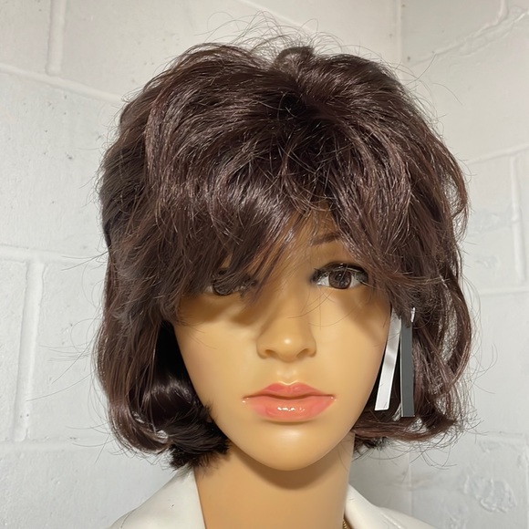 NWT 11” dark brown wig natural puff volume thick top layers adjustable bangs DP - Picture 3 of 16